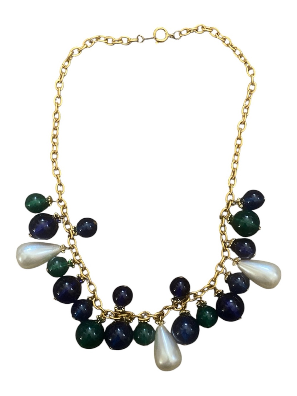 Gold-Tone Statement Necklace with Green and Blue Beads and Pearl Drops